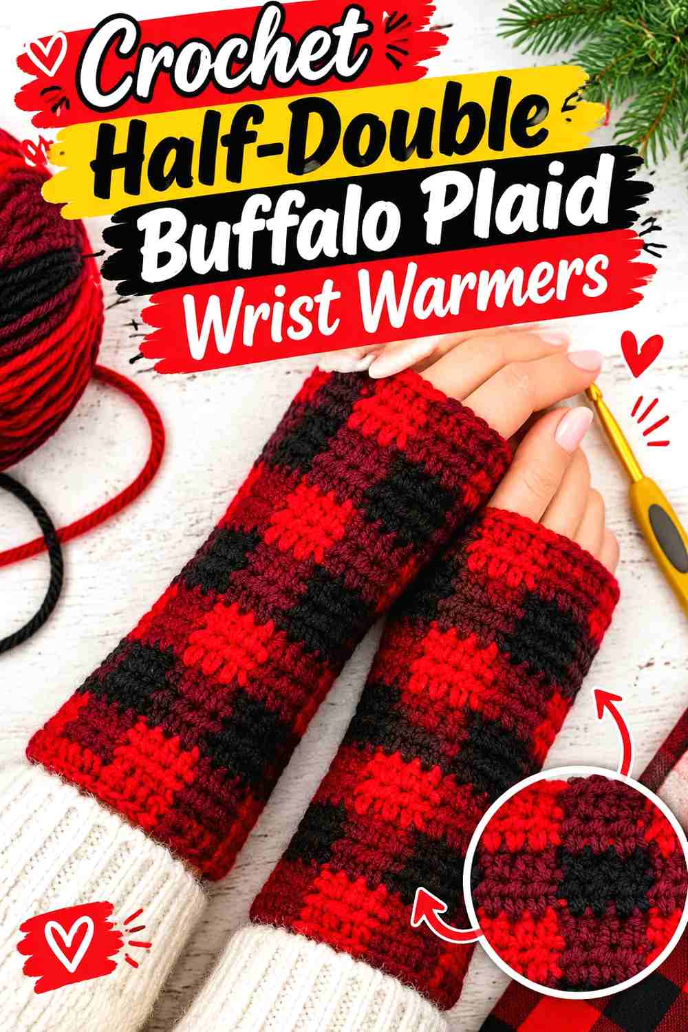 5. Crochet Half-Double Buffalo Plaid Wrist Warmers