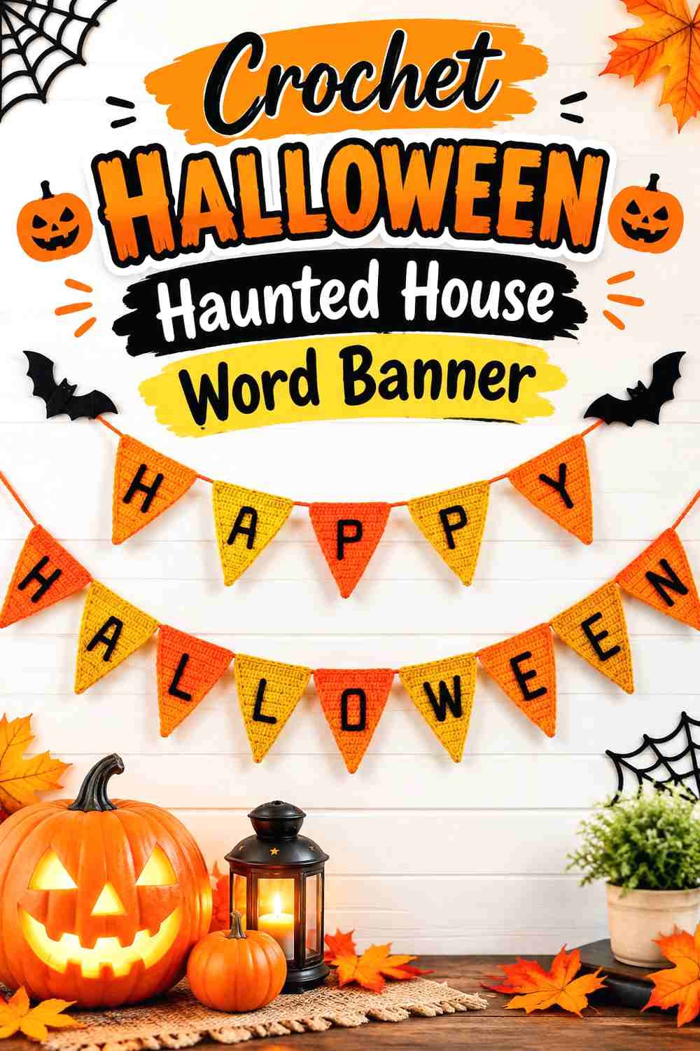 12. Crochet Halloween Haunted House Word Banner