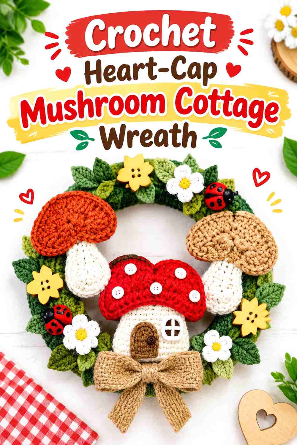 3. Crochet Heart-Cap Mushroom Cottage Wreath
