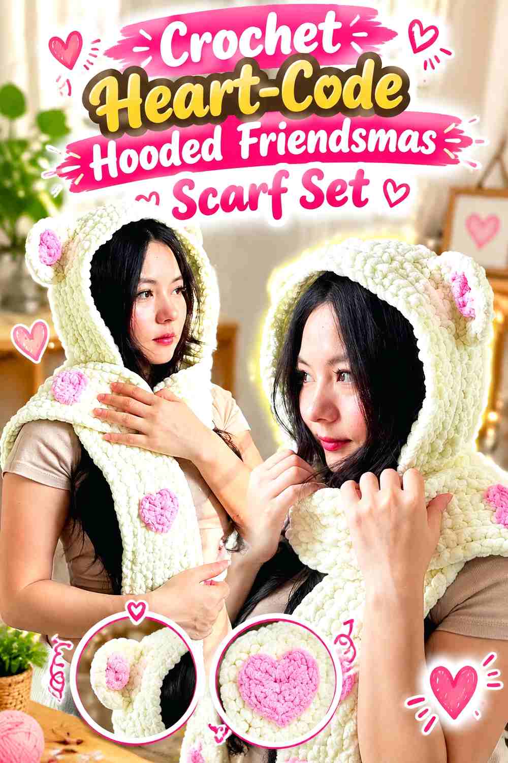 3. Crochet Heart-Code Hooded Friendsmas Scarf Set