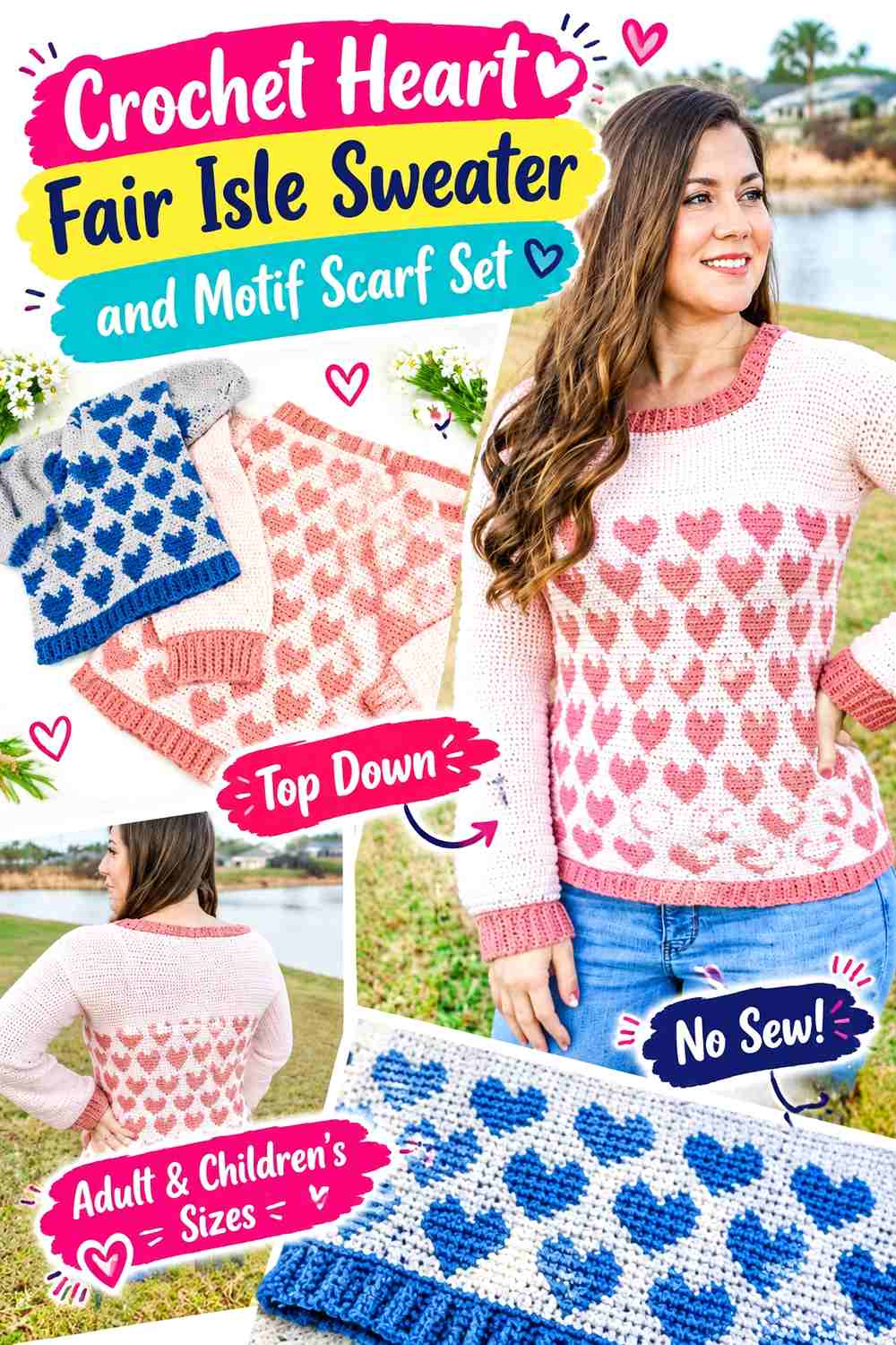 7. Crochet Heart Fair Isle Sweater and Motif Scarf Set