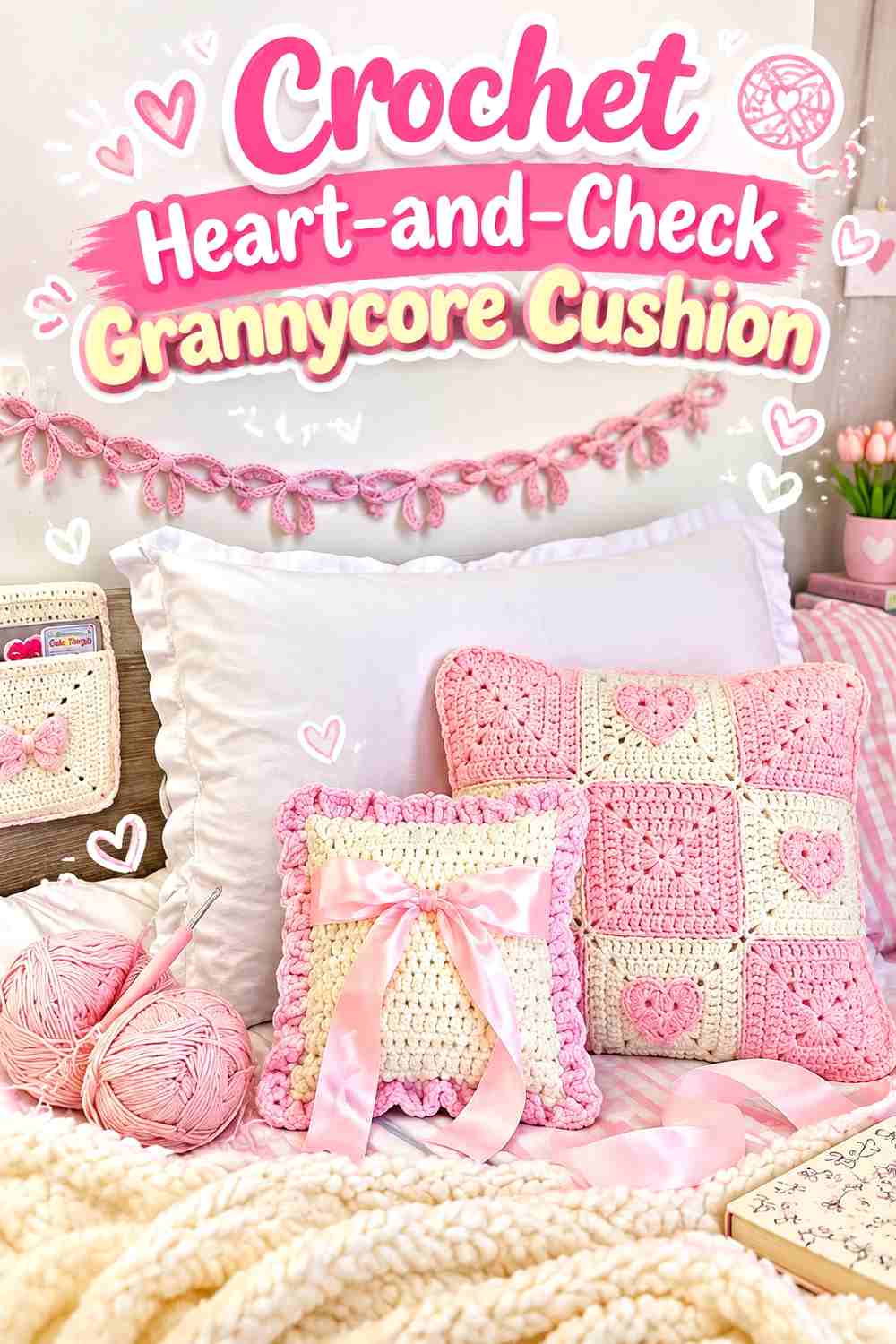 15. Crochet Heart-and-Check Grannycore Cushion