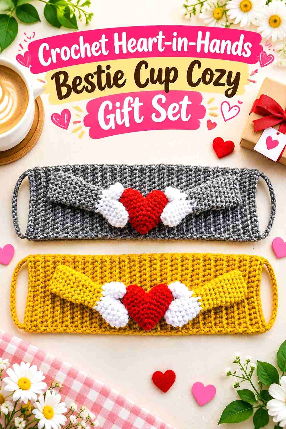 3. Crochet Heart-in-Hands Bestie Cup Cozy Gift Set