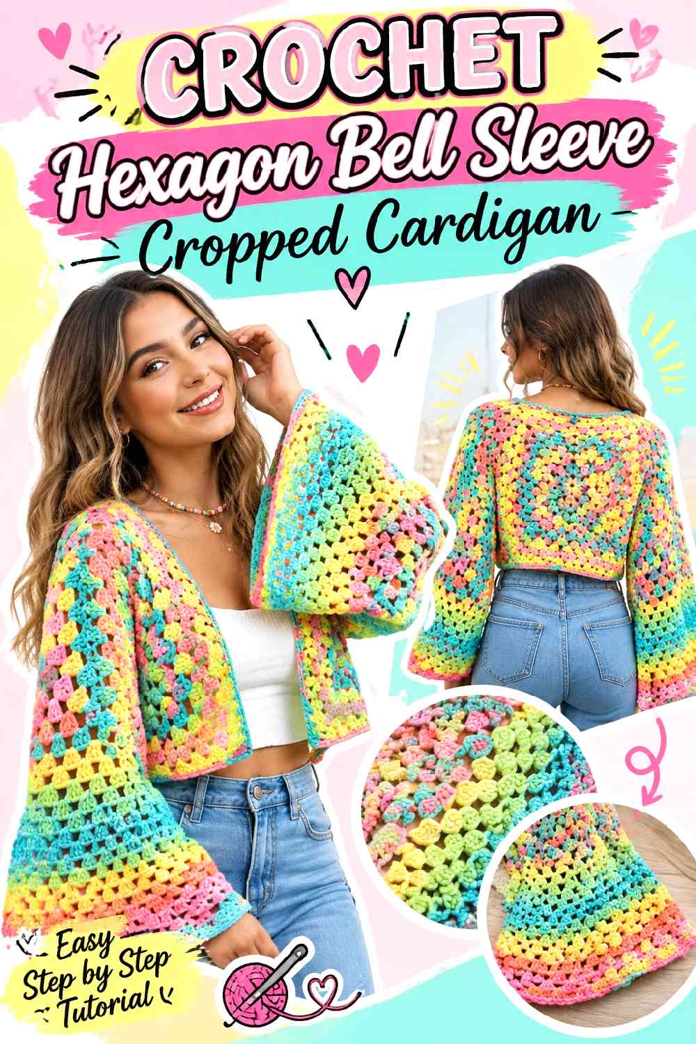 17. Crochet Hexagon Bell Sleeve Cropped Cardigan
