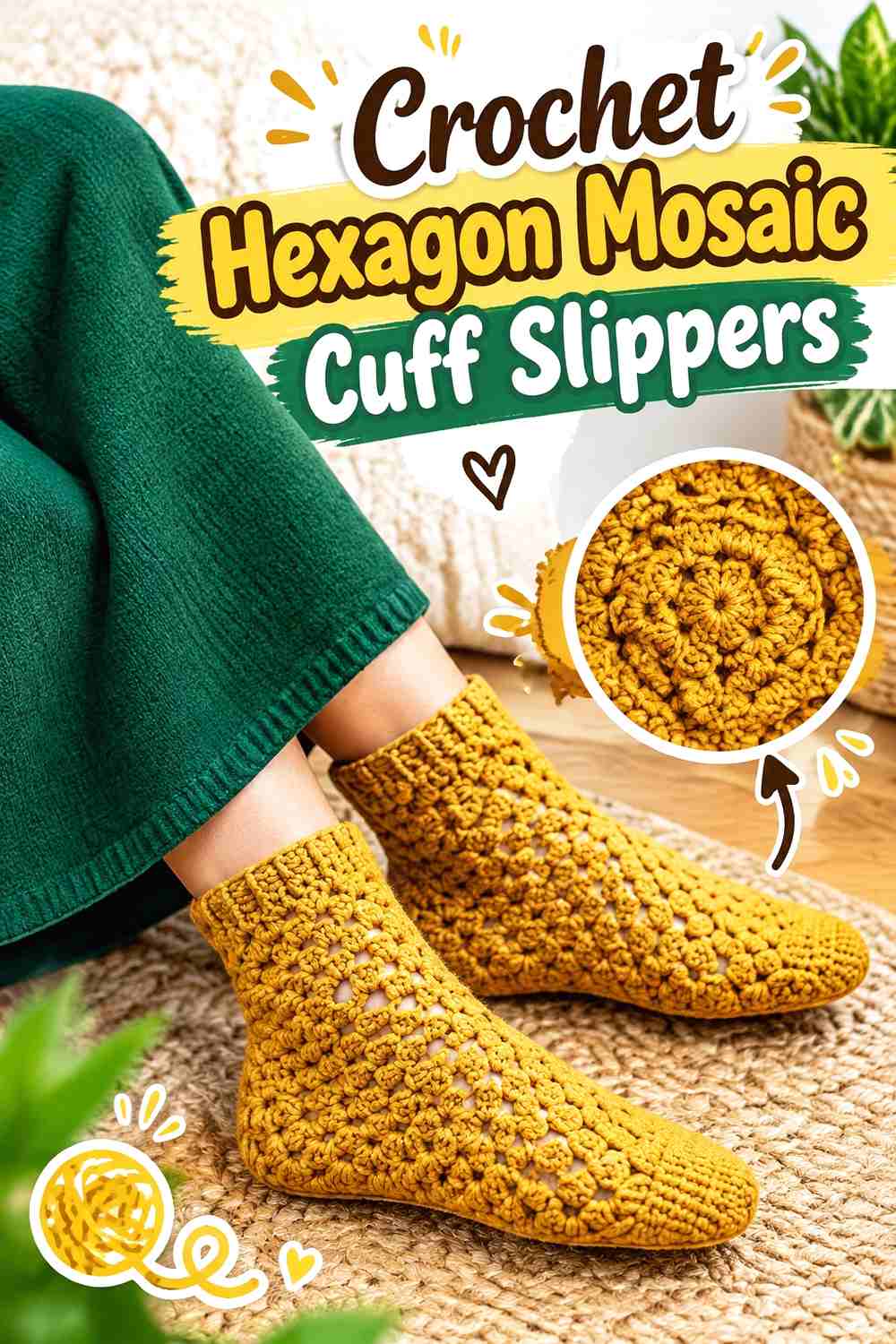 4. Crochet Hexagon Mosaic Cuff Slippers