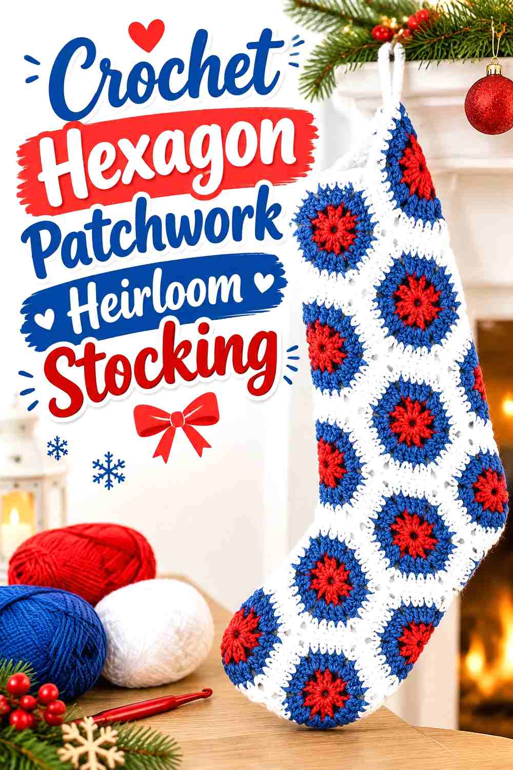 6. Crochet Hexagon Patchwork Heirloom Stocking