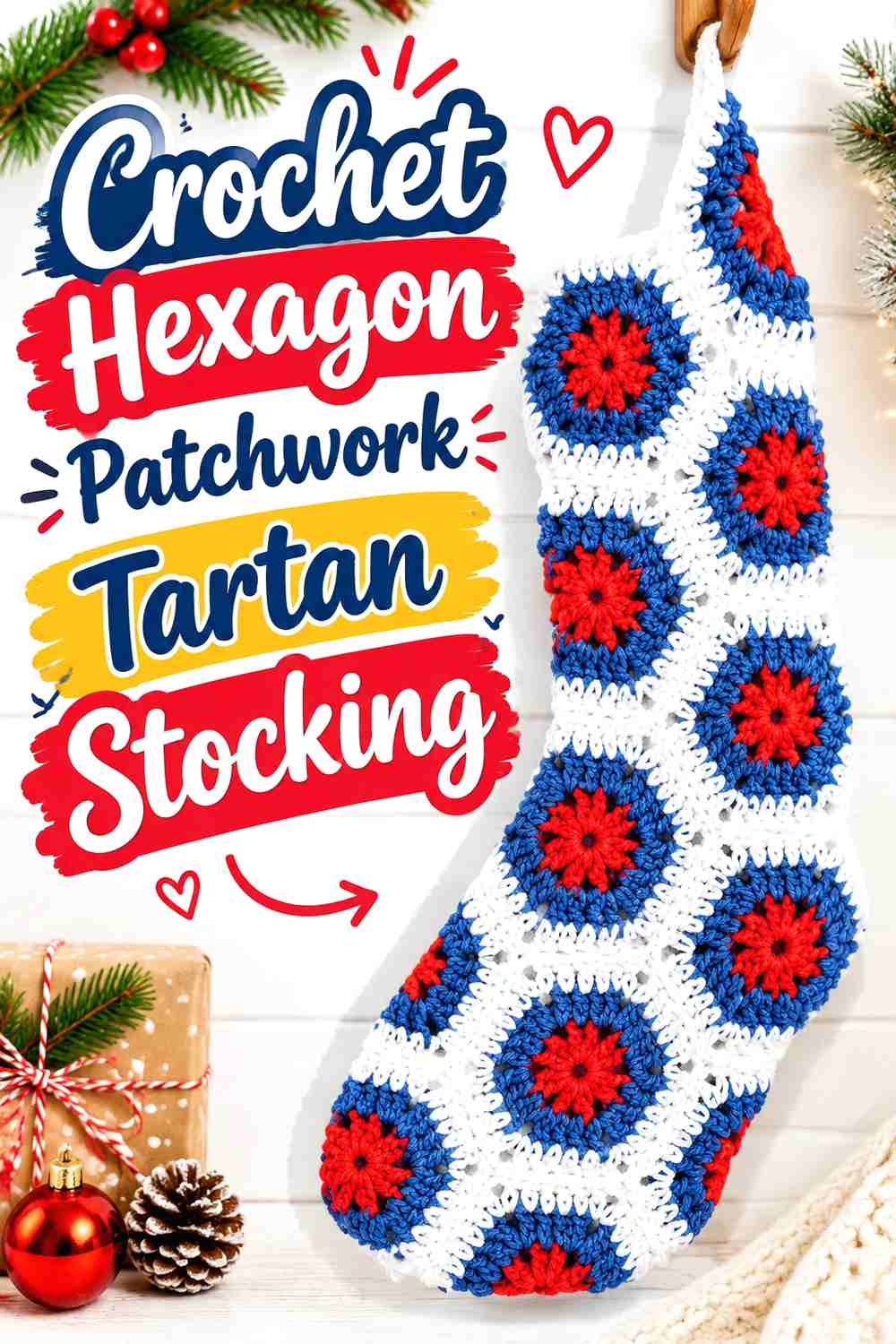 6. Crochet Hexagon Patchwork Tartan Stocking