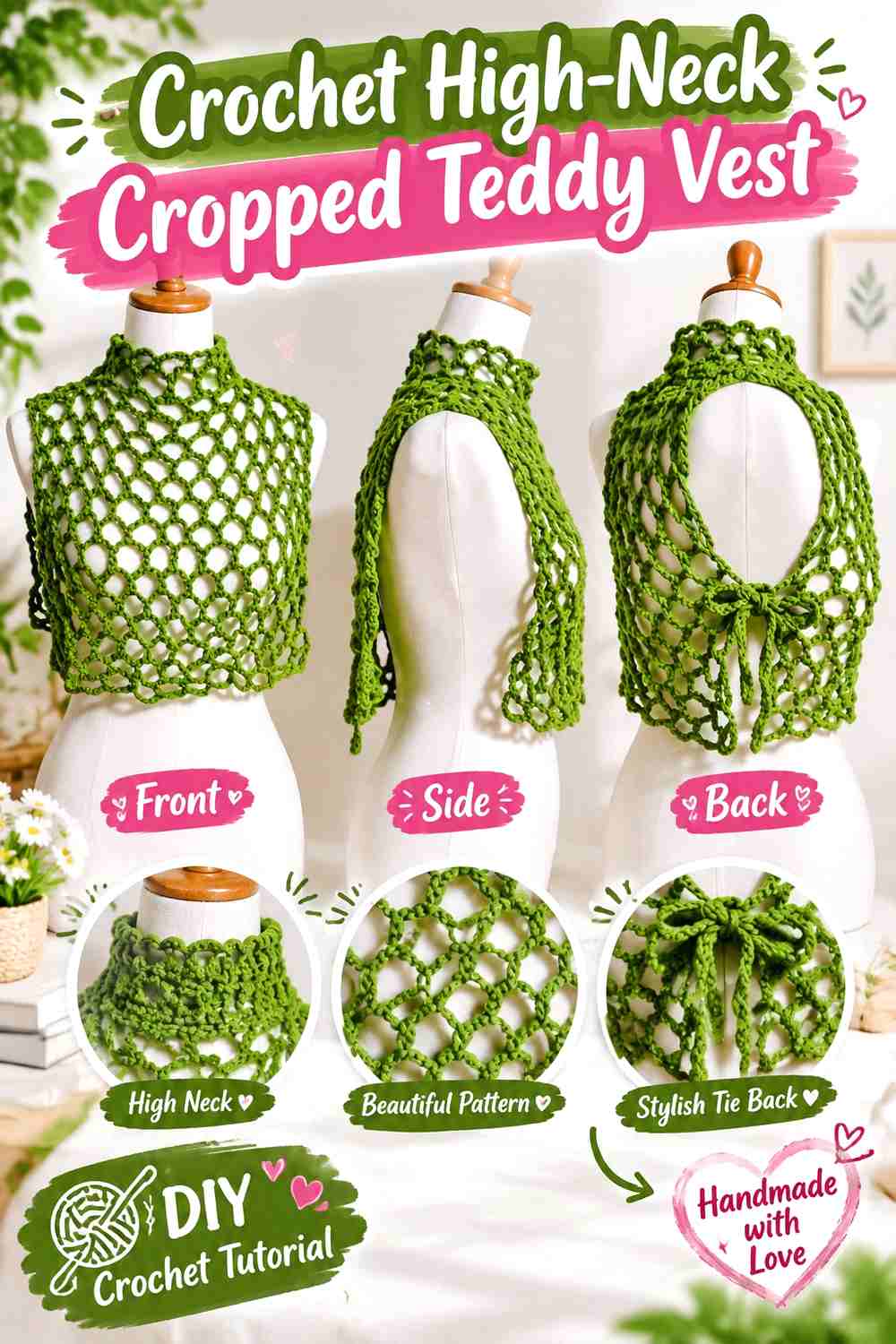 7. Crochet High-Neck Cropped Teddy Vest