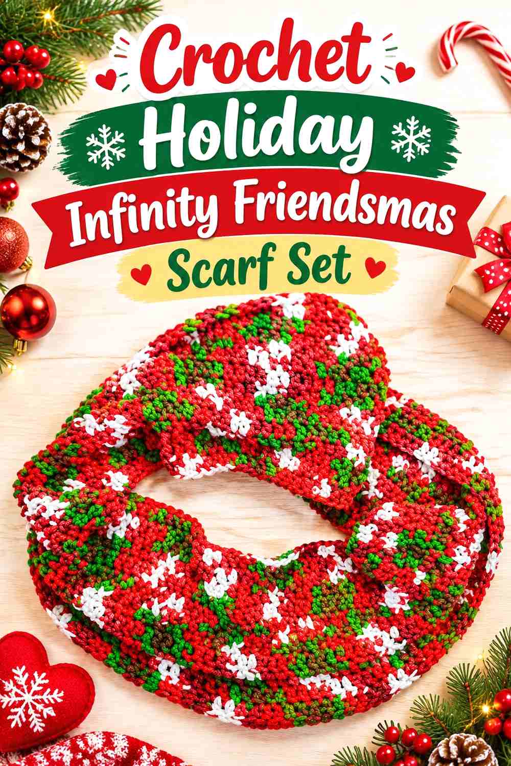 7. Crochet Holiday Infinity Friendsmas Scarf Set