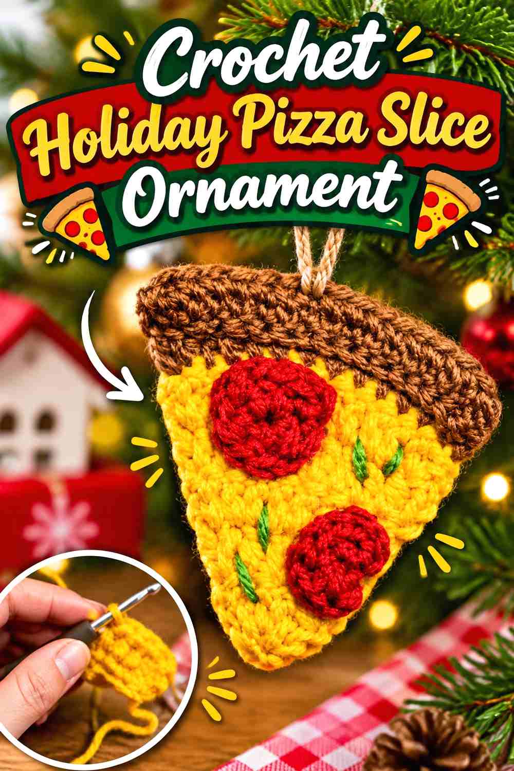 9. Crochet Holiday Pizza Slice Ornament