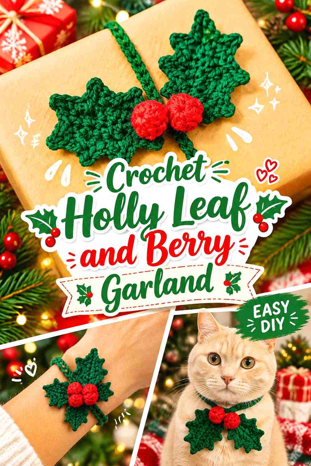 8. Crochet Holly Leaf and Berry Garland
