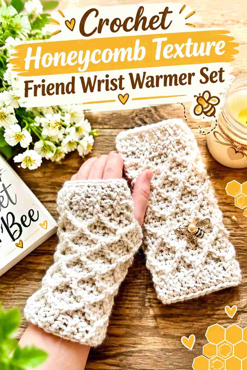 5. Crochet Honeycomb Texture Friend Wrist Warmer Set