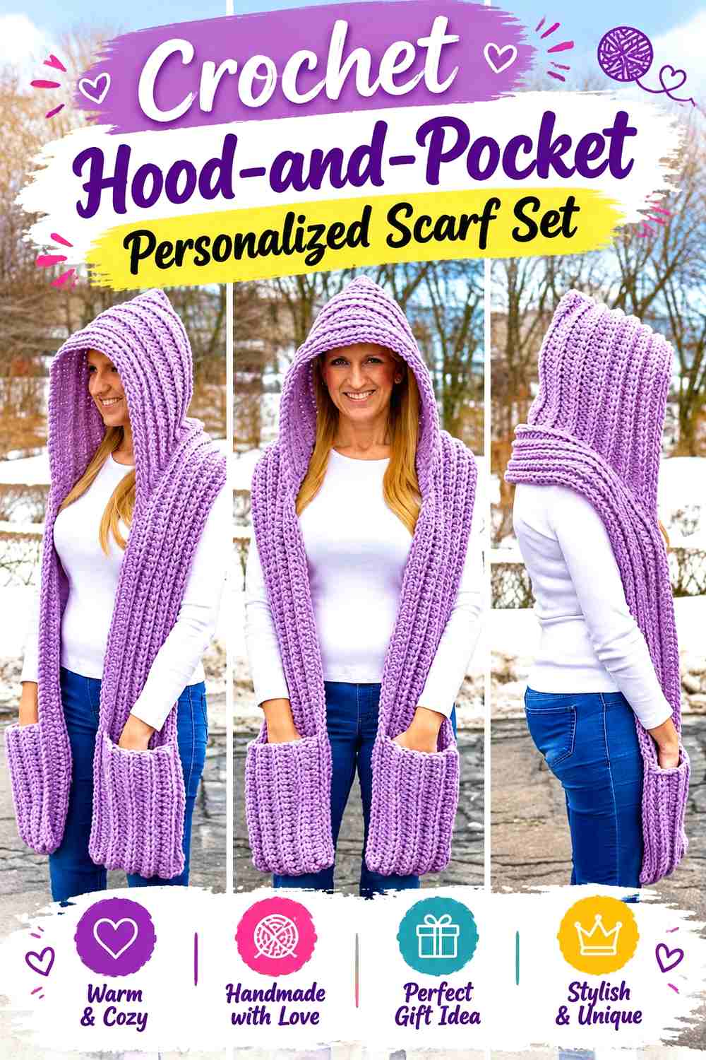 16. Crochet Hood-and-Pocket Personalized Scarf Set