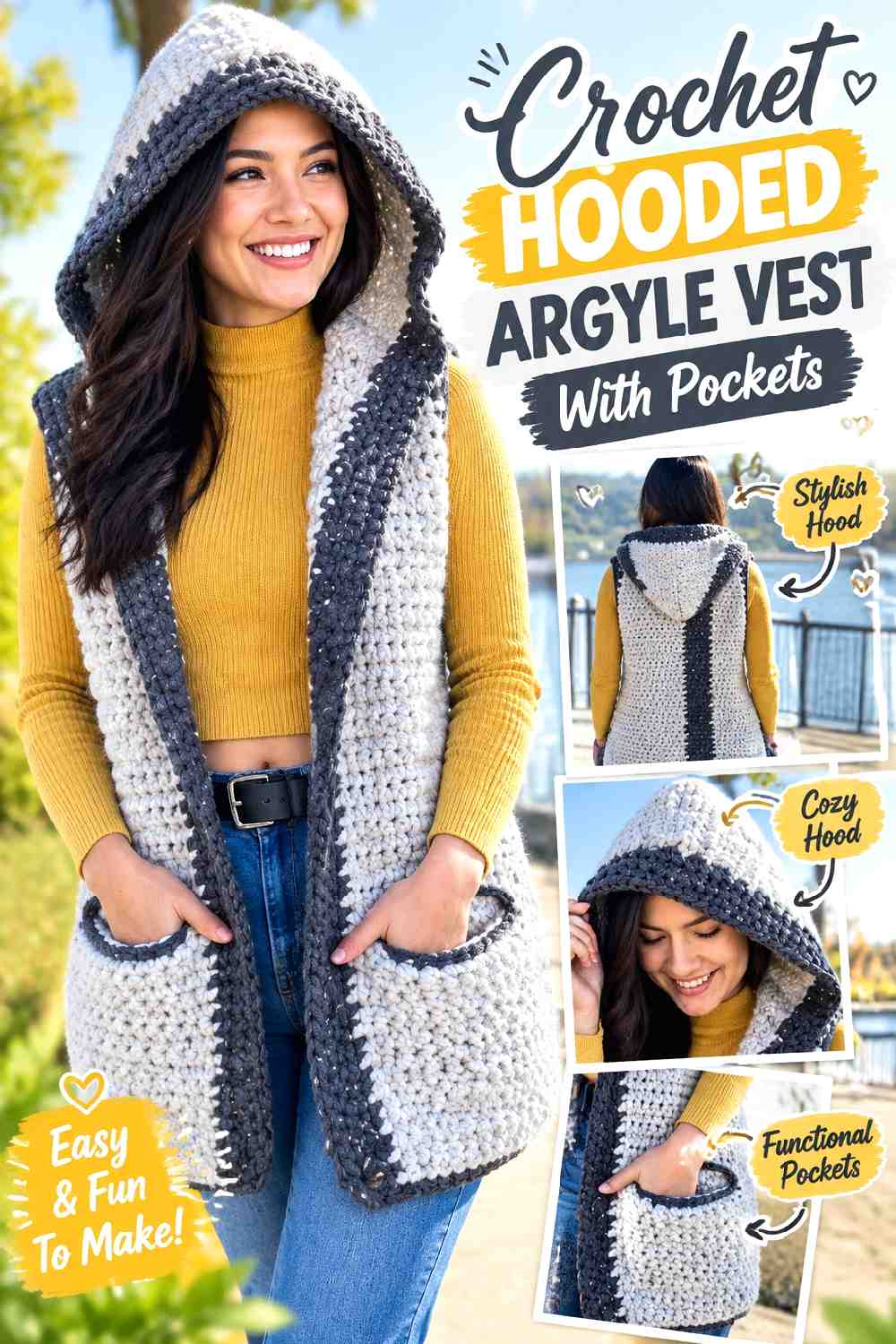 7. Crochet Hooded Argyle Vest With Pockets