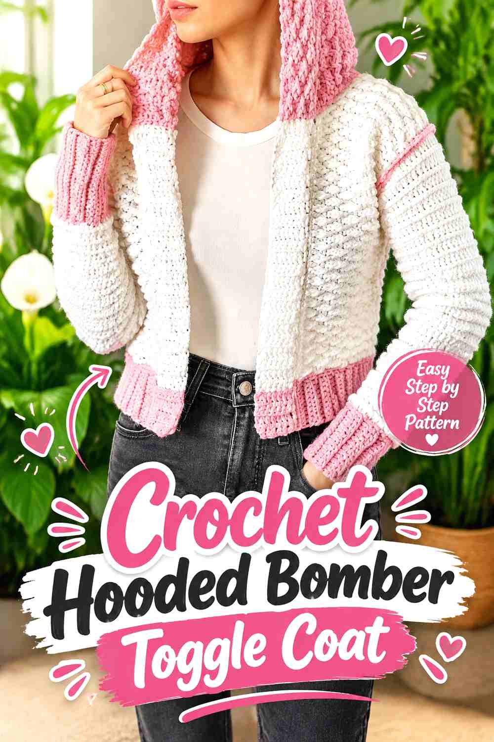3. Crochet Hooded Bomber Toggle Coat