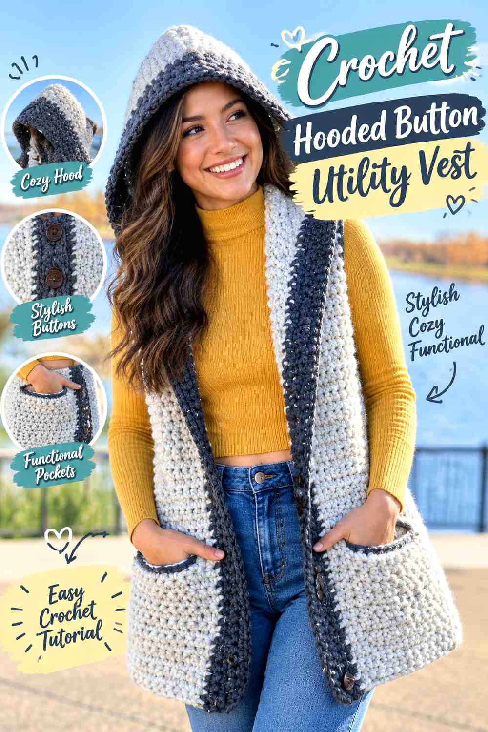 16. Crochet Hooded Button Utility Vest