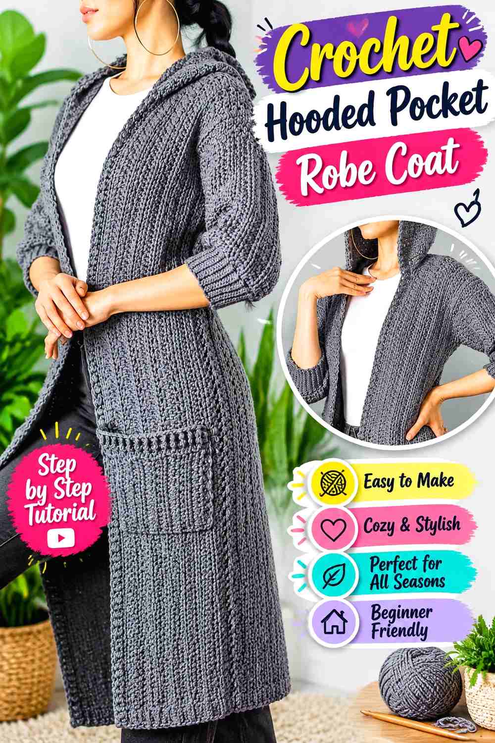 4. Crochet Hooded Pocket Robe Coat