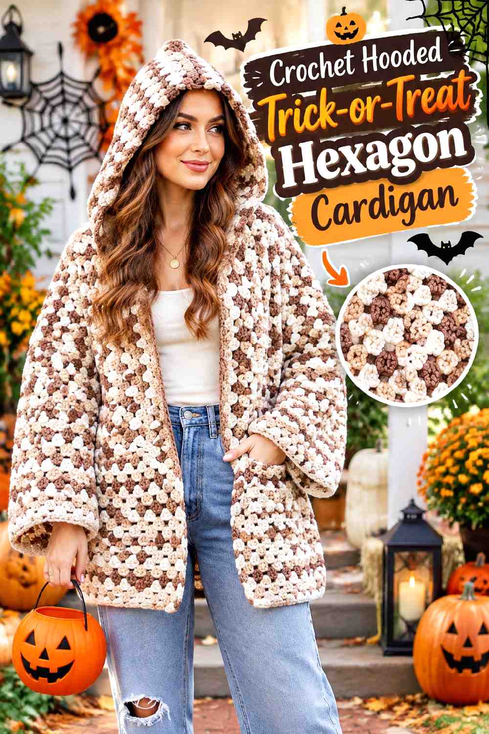 Crochet Hooded Trick or Treat Hexagon Cardigan
