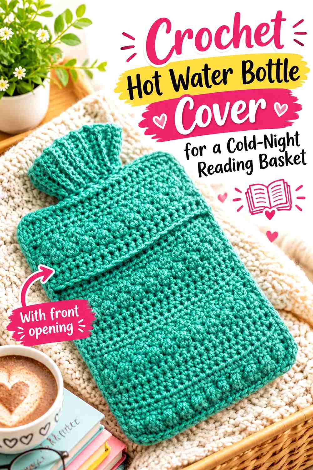 8. Crochet Hot Water Bottle Cover for a Cold-Night Reading Basket