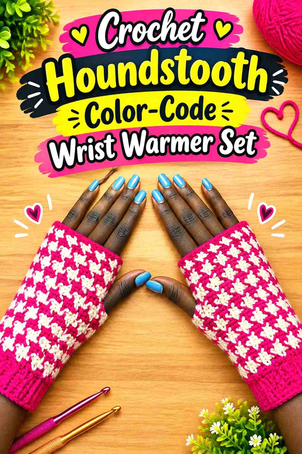 6. Crochet Houndstooth Color-Code Wrist Warmer Set
