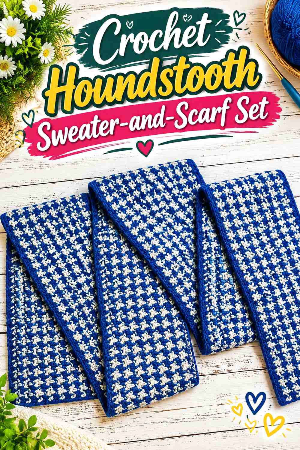 8. Crochet Houndstooth Sweater-and-Scarf Set