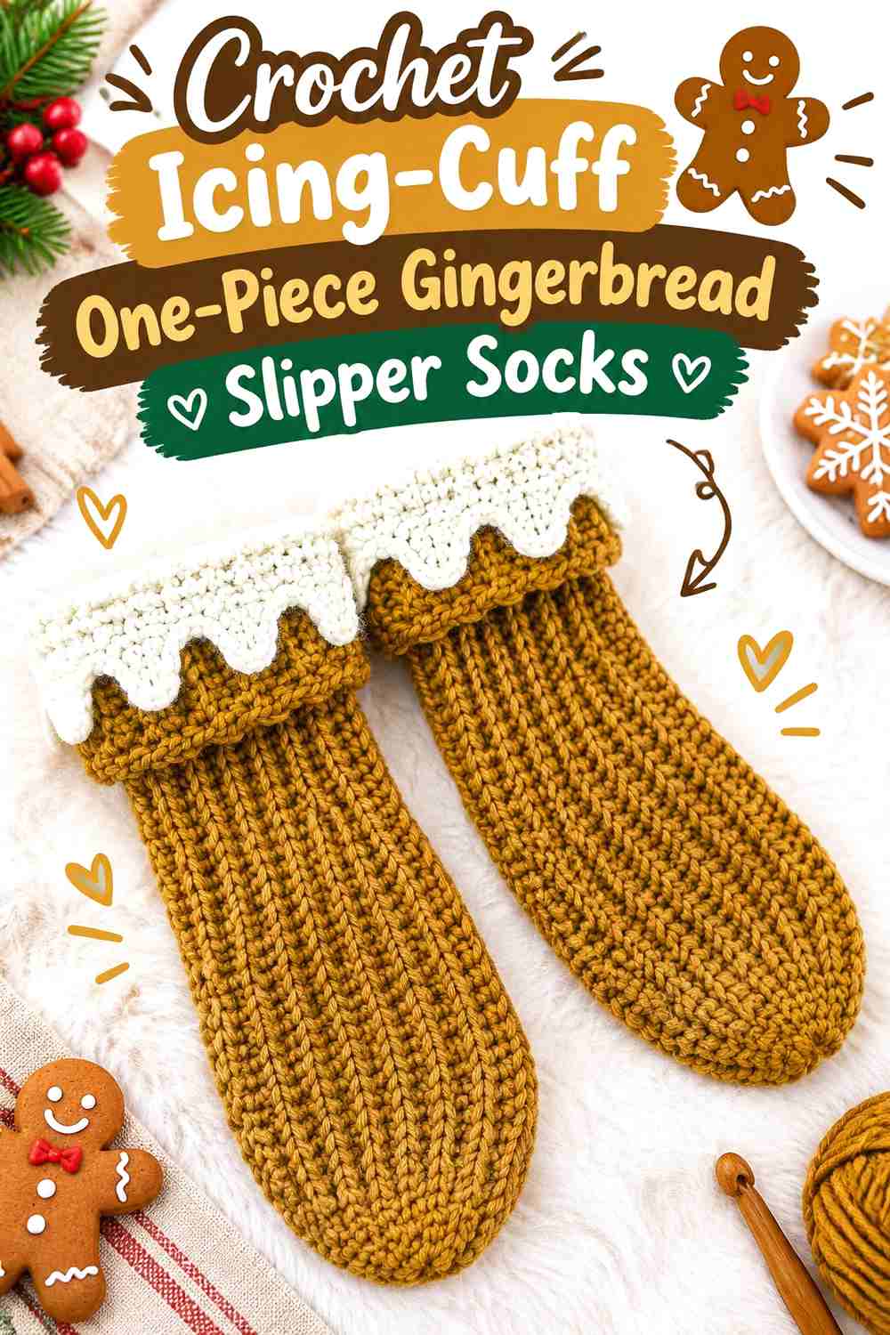 2. Crochet Icing-Cuff One-Piece Gingerbread Slipper Socks