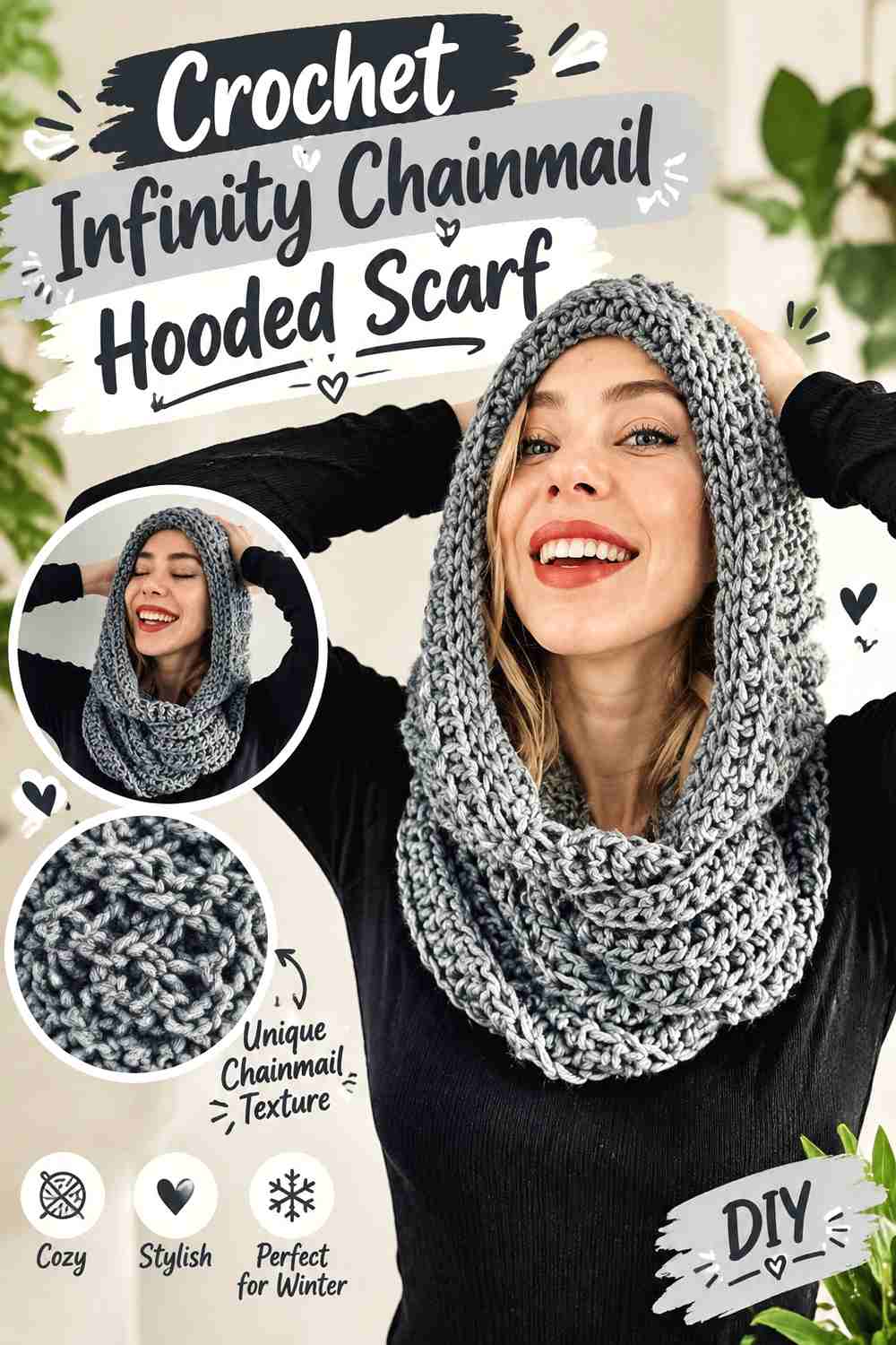 12. Crochet Infinity Chainmail Hooded Scarf