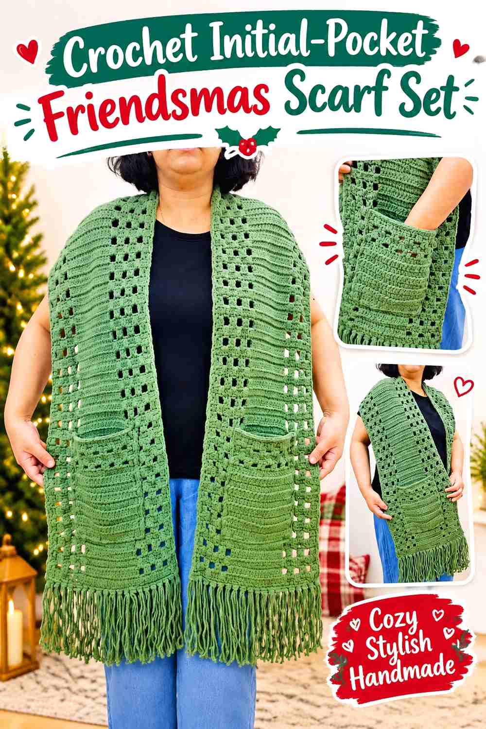 2. Crochet Initial-Pocket Friendsmas Scarf Set