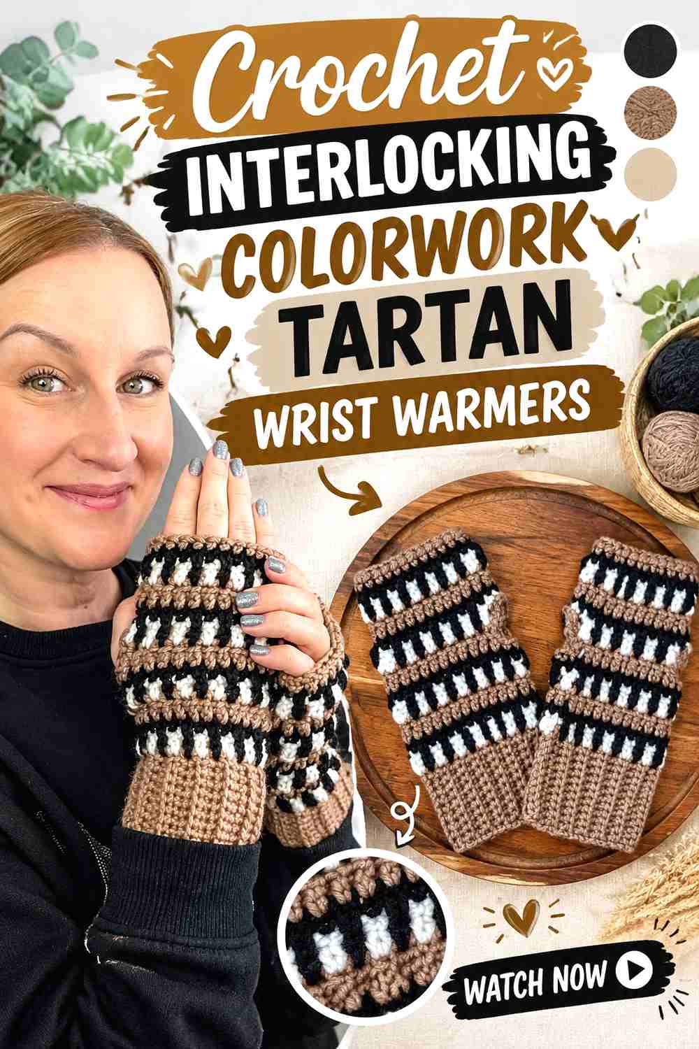 14. Crochet Interlocking Colorwork Tartan Wrist Warmers