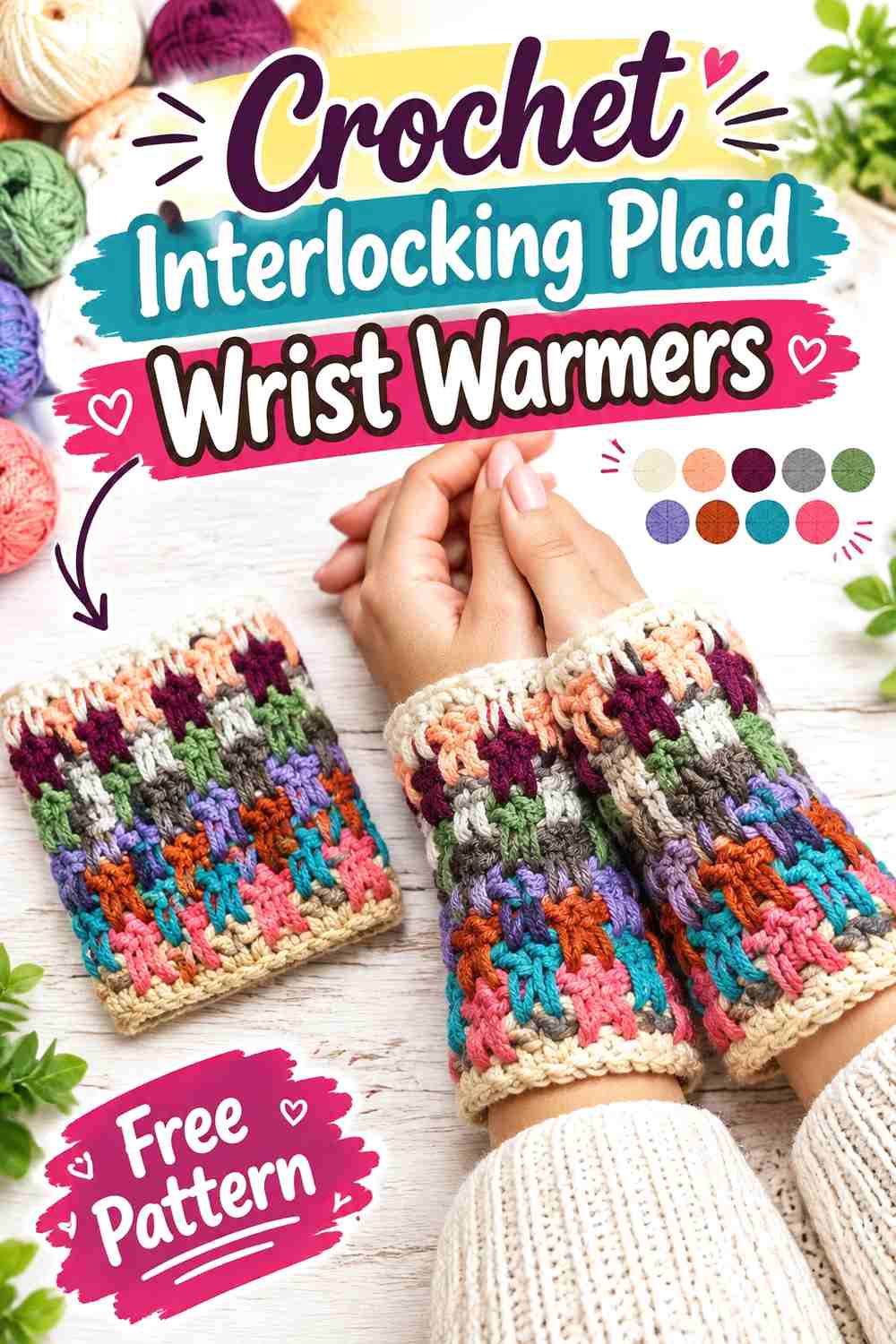 8. Crochet Interlocking Plaid Wrist Warmers