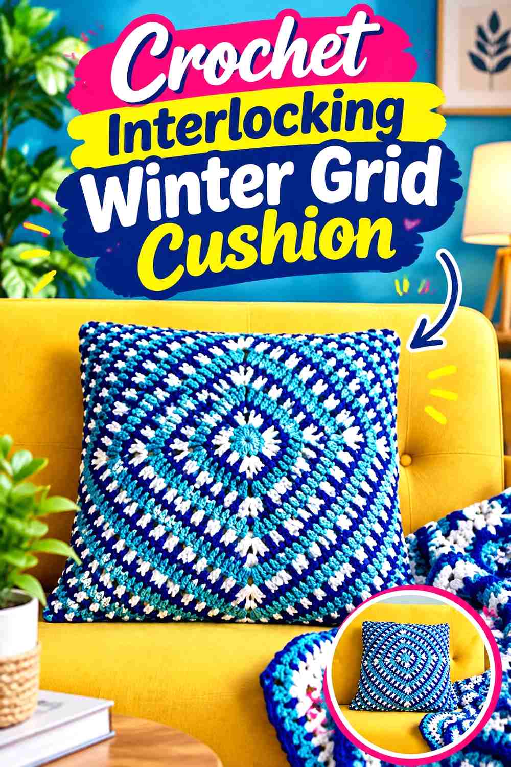 16. Crochet Interlocking Winter Grid Cushion