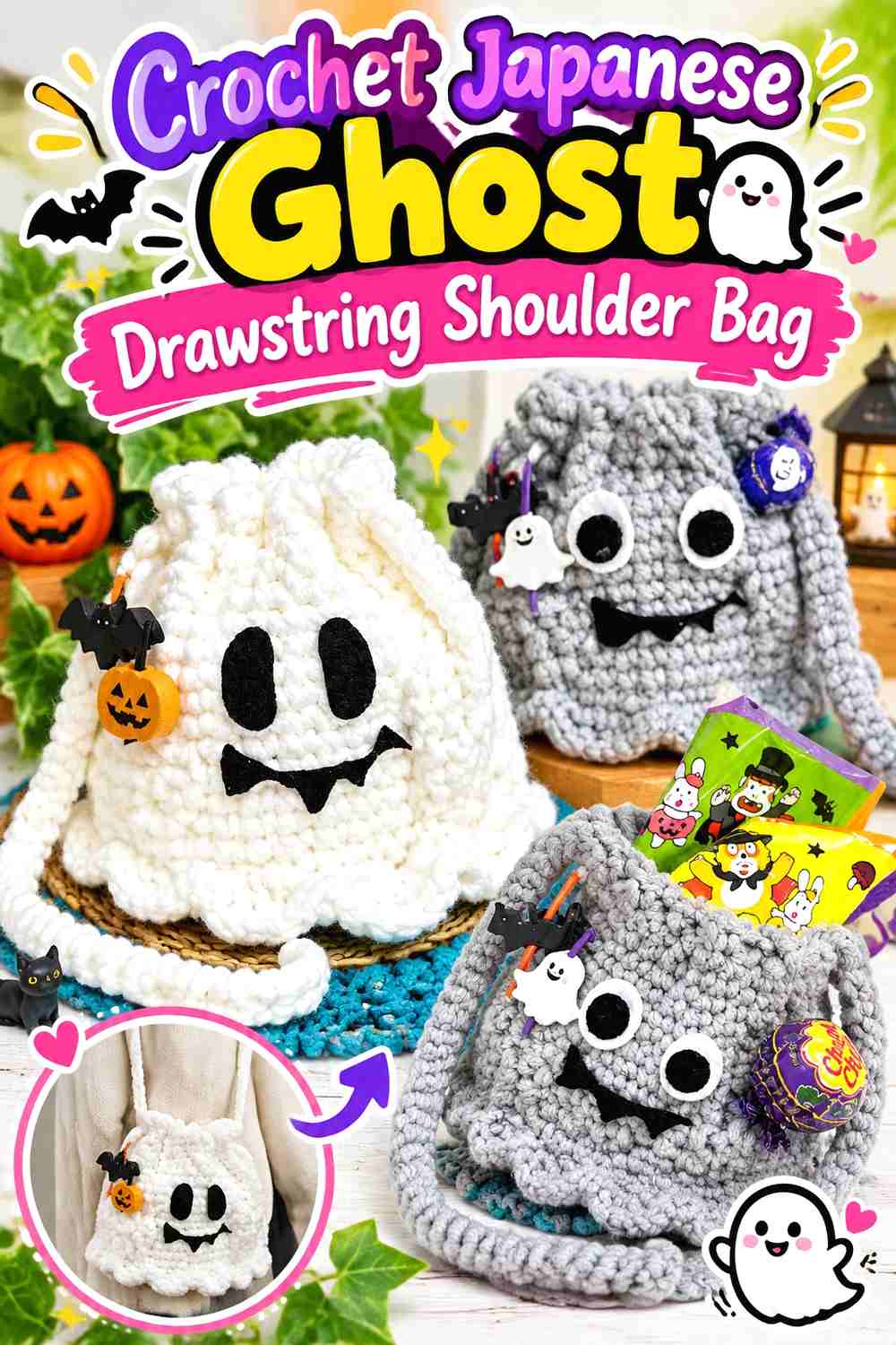 12. Crochet Japanese Ghost Drawstring Shoulder Bag