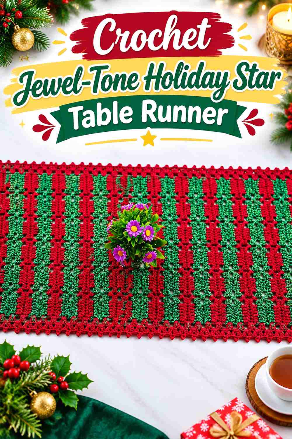13. Crochet Jewel-Tone Holiday Star Table Runner
