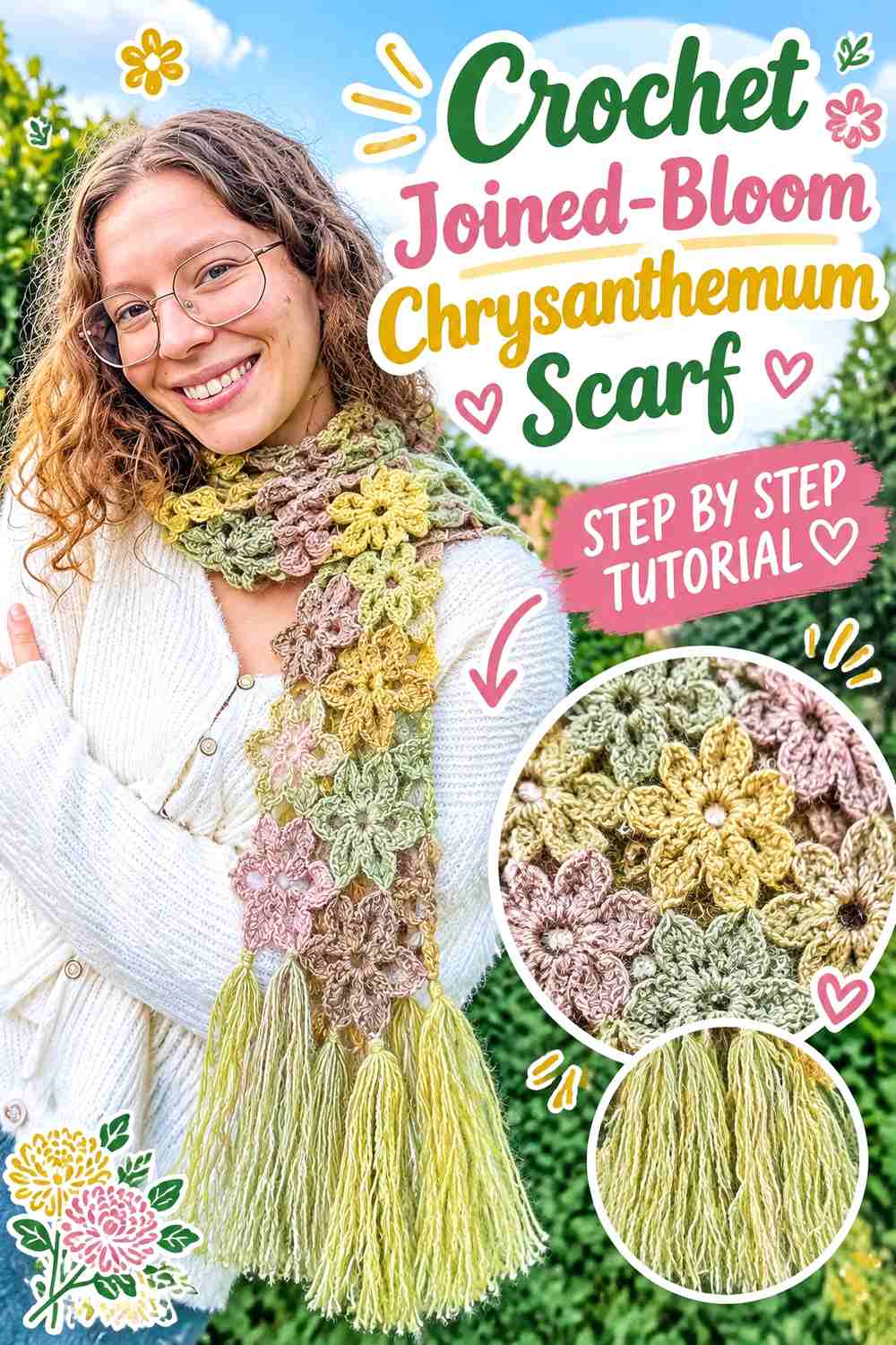 1. Crochet Joined-Bloom Chrysanthemum Scarf