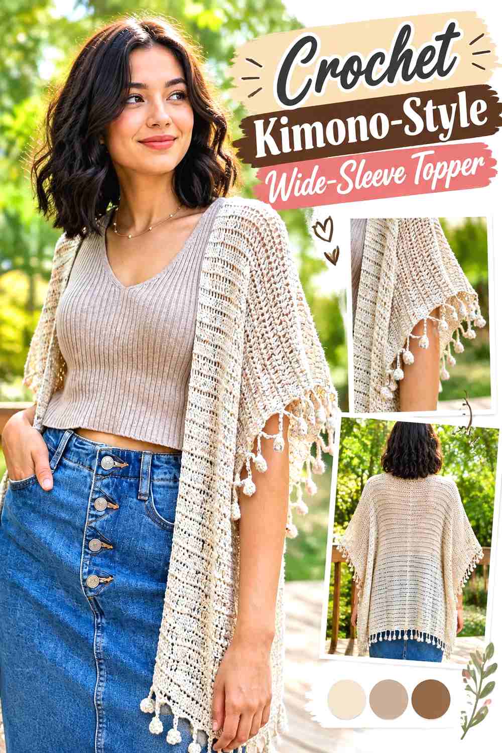 13. Crochet Kimono-Style Wide-Sleeve Topper