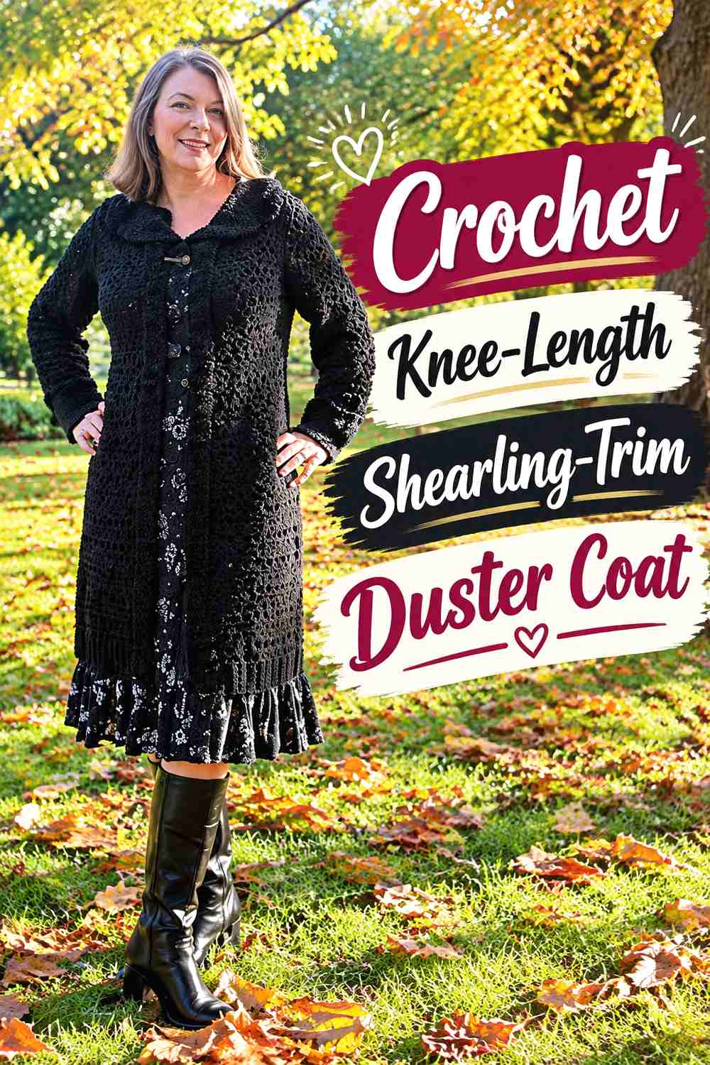 1. Crochet Knee-Length Shearling-Trim Duster Coat