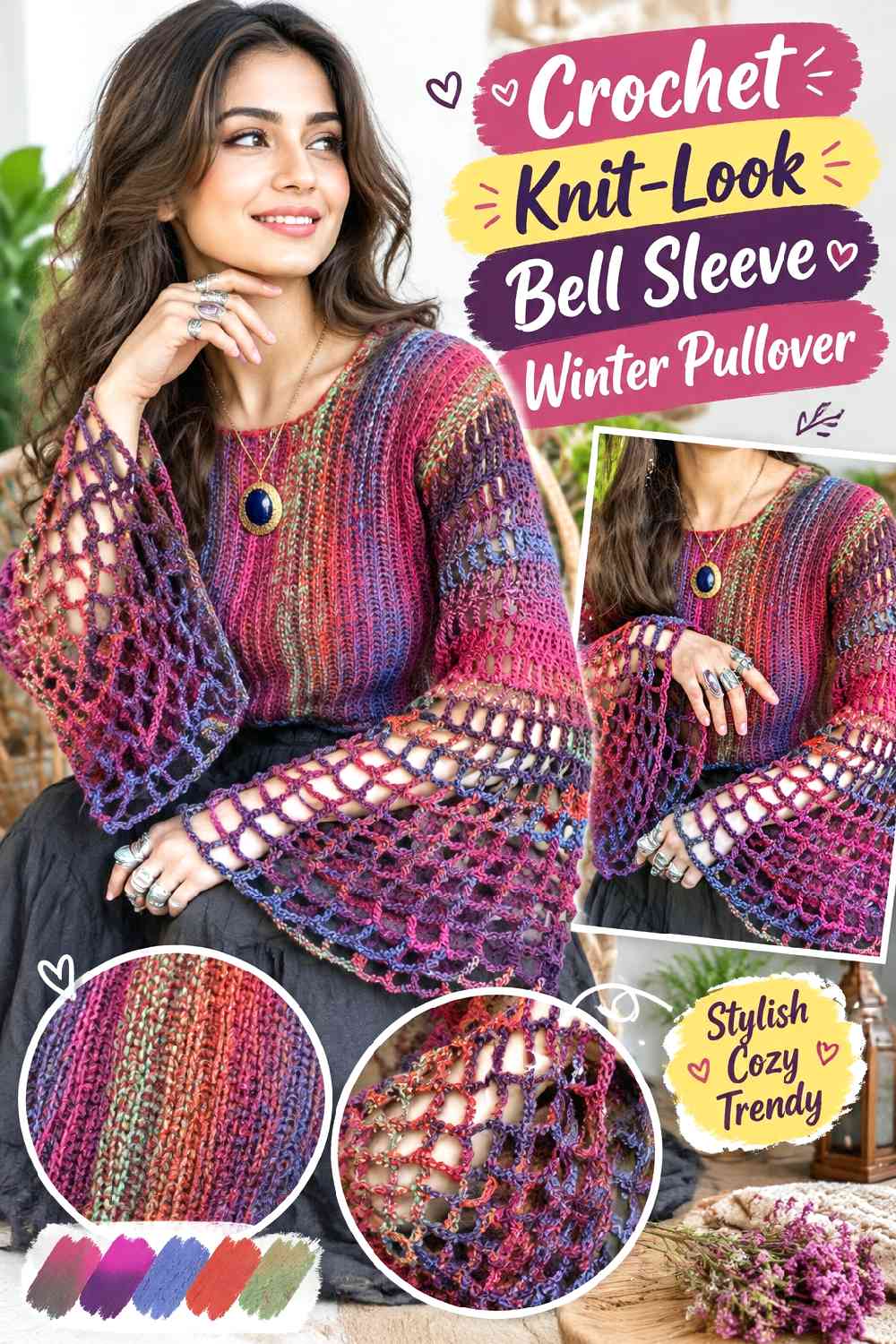 1. Crochet Knit-Look Bell Sleeve Winter Pullover