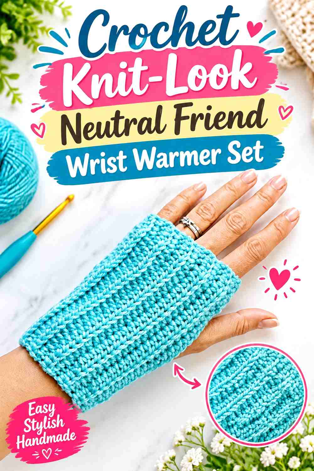 9. Crochet Knit-Look Neutral Friend Wrist Warmer Set