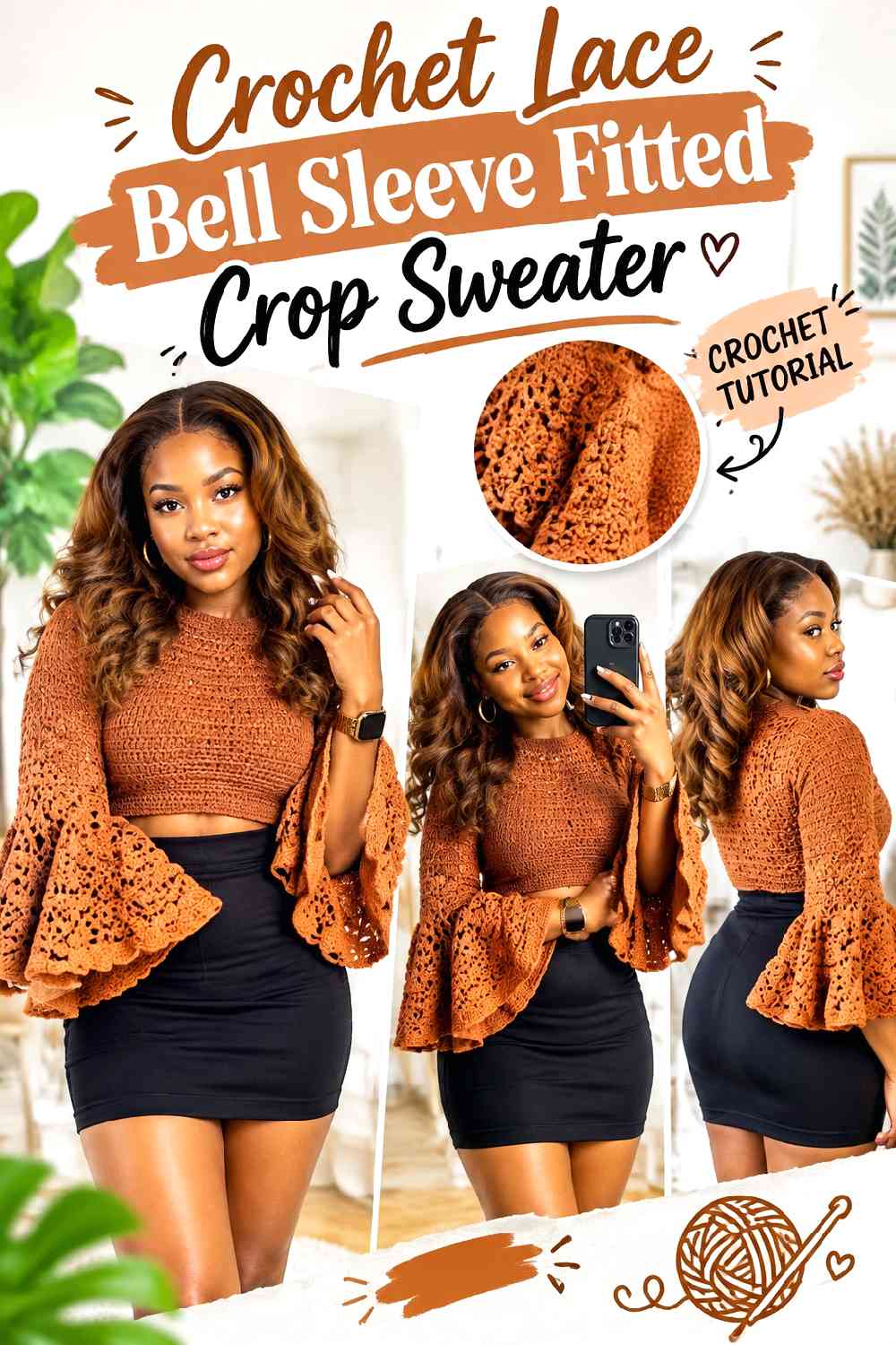 13. Crochet Lace Bell Sleeve Fitted Crop Sweater