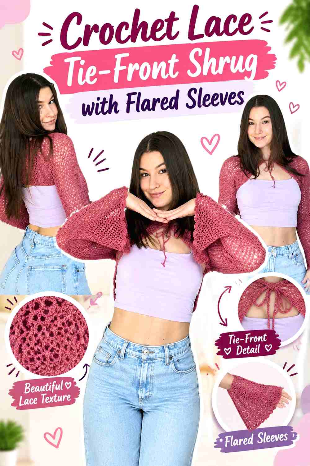6. Crochet Lace Tie-Front Shrug with Flared Sleeves