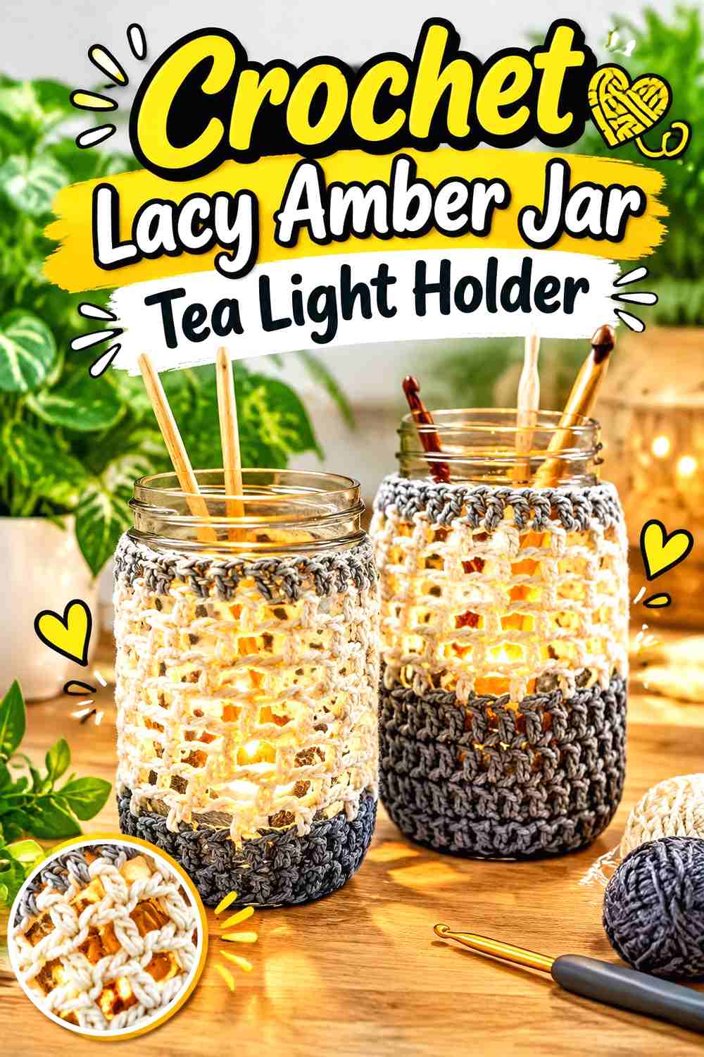 4. Crochet Lacy Amber Jar Tea Light Holder