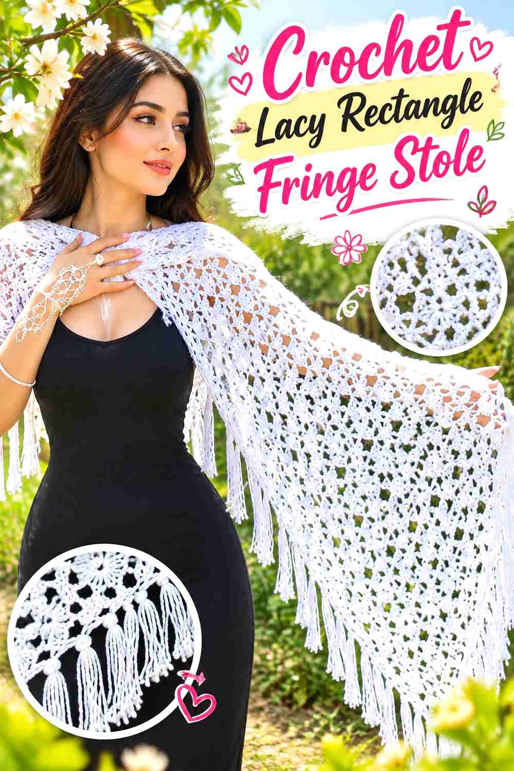 1. Crochet Lacy Rectangle Fringe Stole