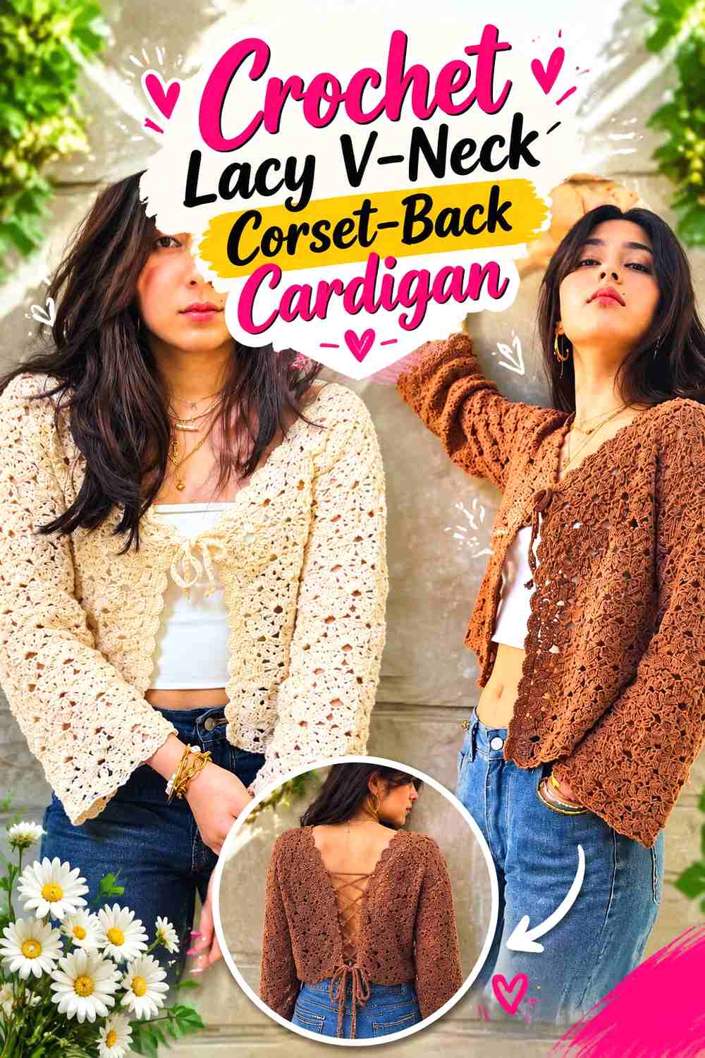 3. Crochet Lacy V-Neck Corset-Back Cardigan
