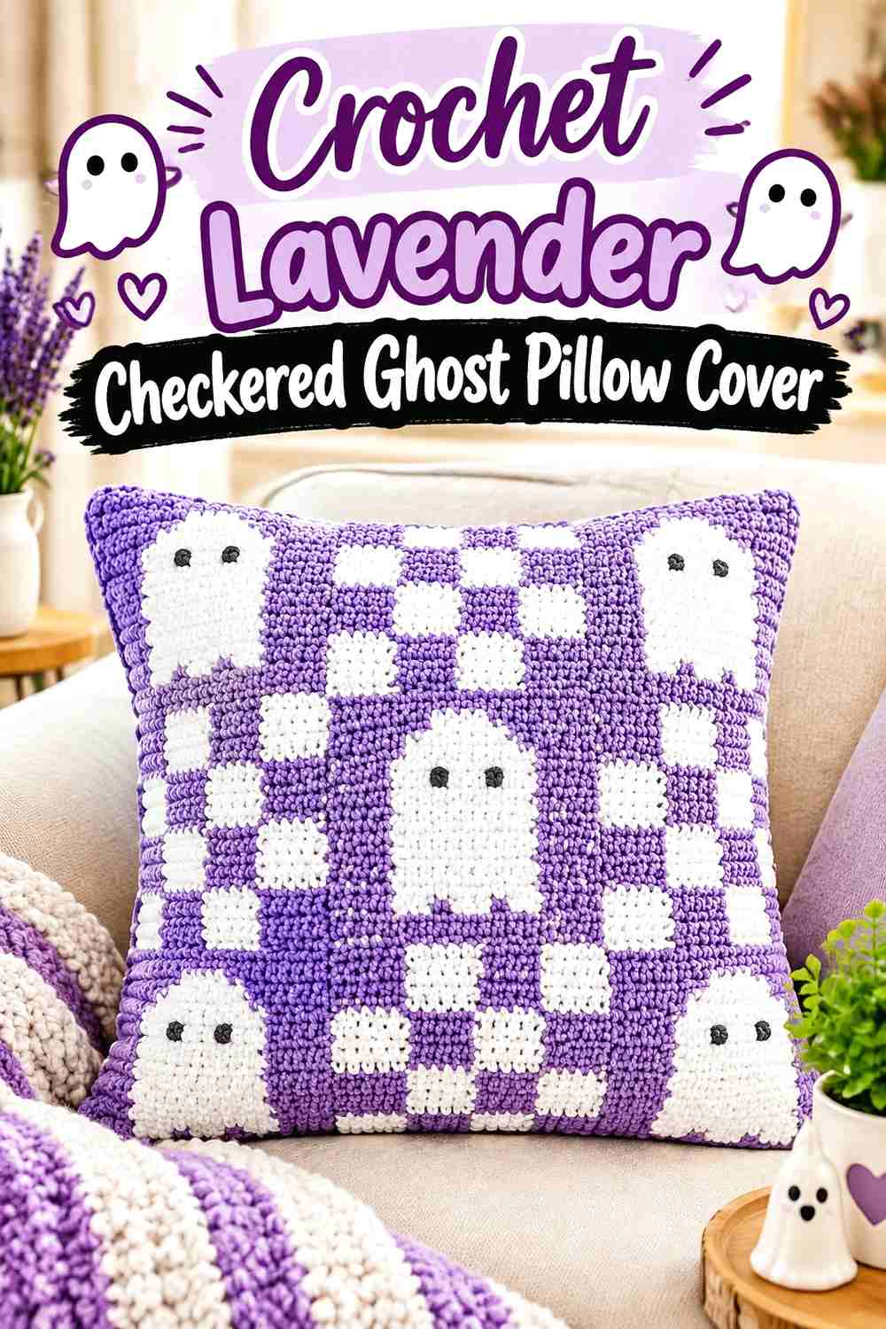 1. Crochet Lavender Checkered Ghost Pillow Cover