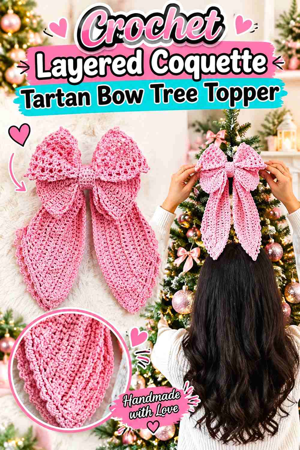 6. Crochet Layered Coquette Tartan Bow Tree Topper