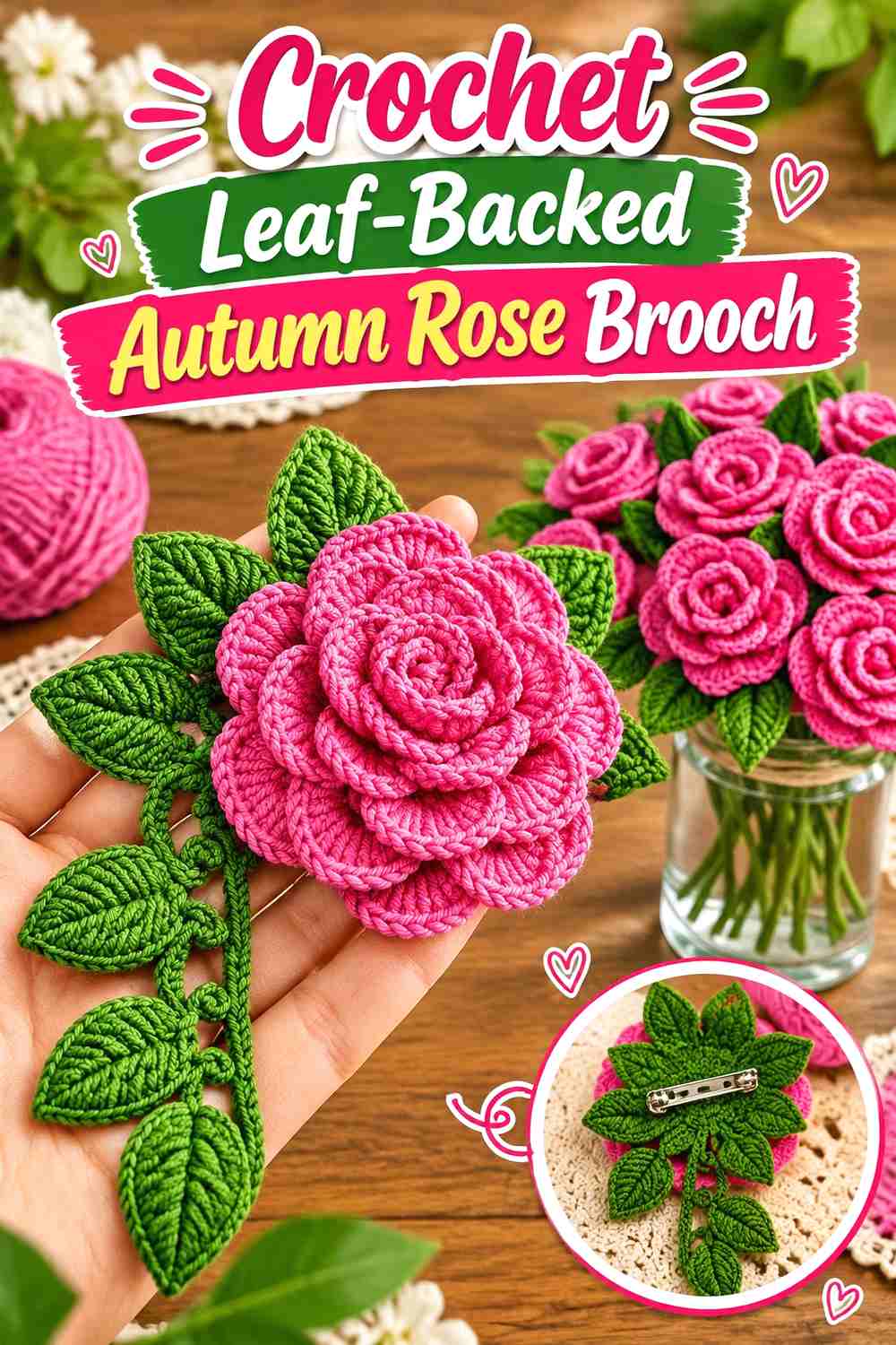 2. Crochet Leaf-Backed Autumn Rose Brooch