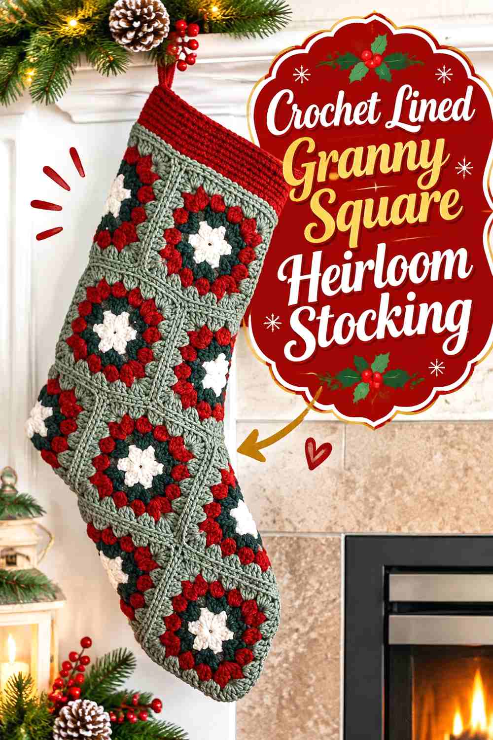 5. Crochet Lined Granny Square Heirloom Stocking