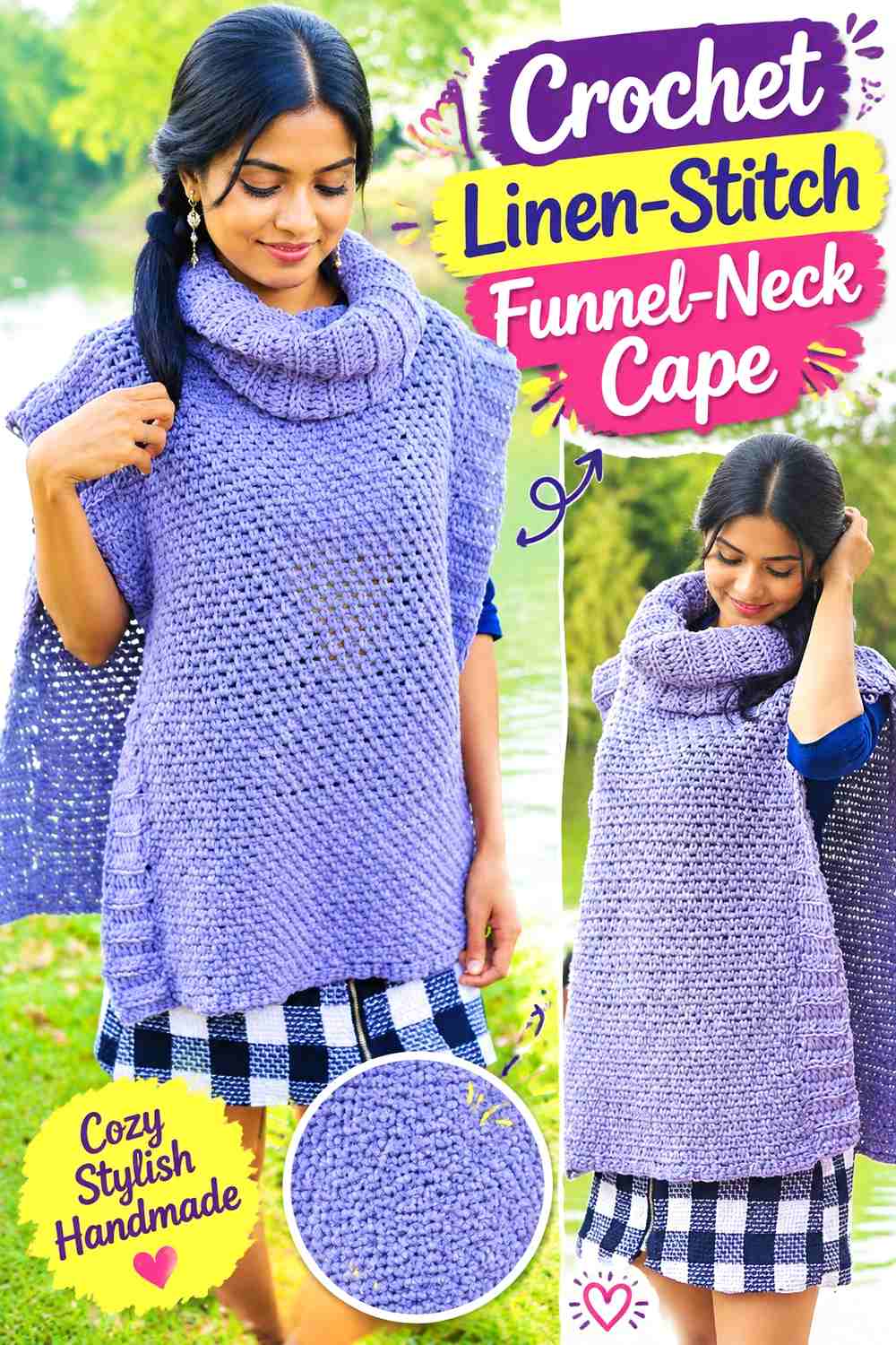 12. Crochet Linen-Stitch Funnel-Neck Cape