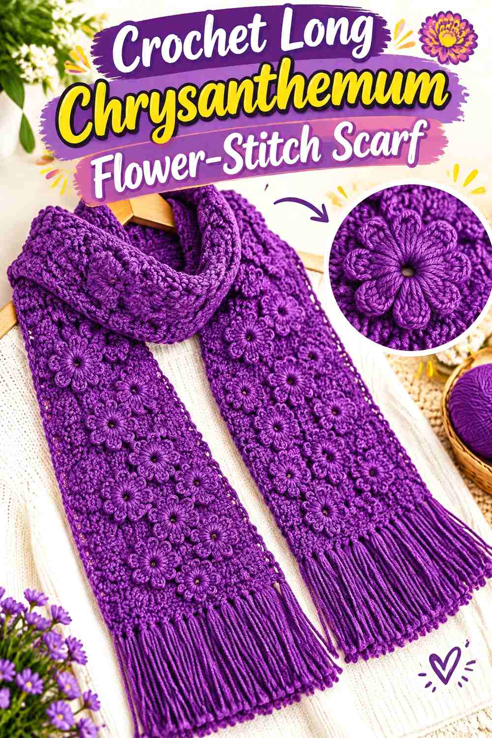 17. Crochet Long Chrysanthemum Flower-Stitch Scarf
