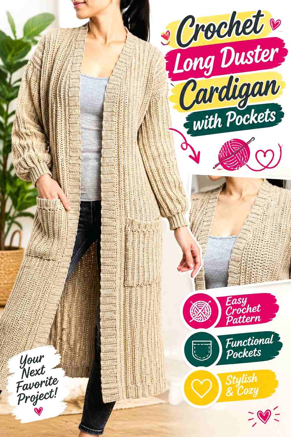 12. Crochet Long Duster Cardigan with Pockets